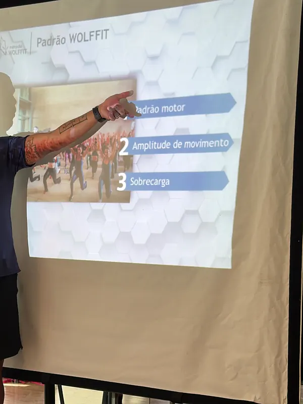 Slide do Padrão Wolffit na aula teórica: padrão motor, amplitude de movimento e sobrecarga
